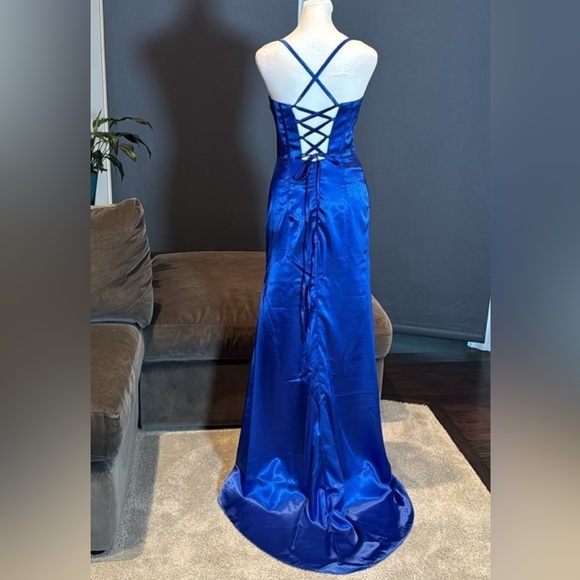 💎Women’s Blue Full Length Prom Dress CrissCross Corset Straps Leg Slit NEW✨ - Picture 4 of 9